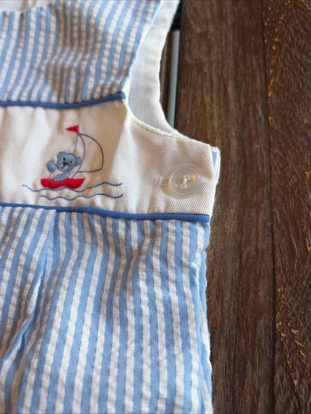 Baby Blue Striped Seersucker Romper Embroidered Nautical Teddy Bear 6-9 Mo